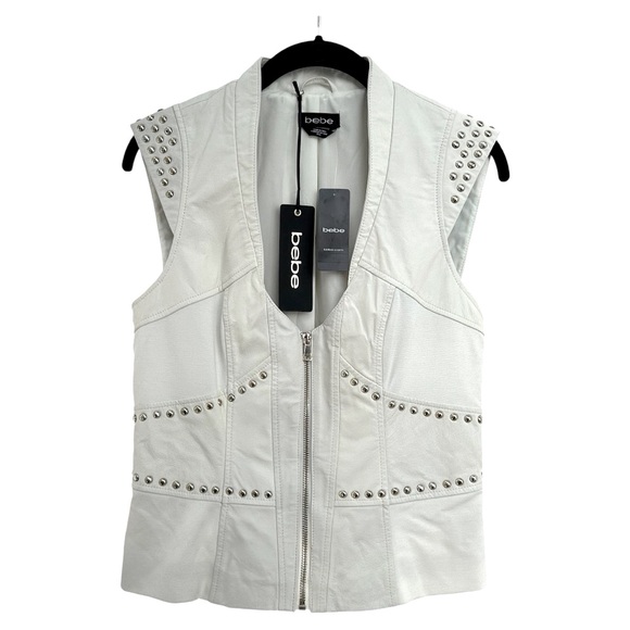 🔥Bebe Danica Leather Studded Vest Sexy Off White Medium NWT - Picture 1 of 9